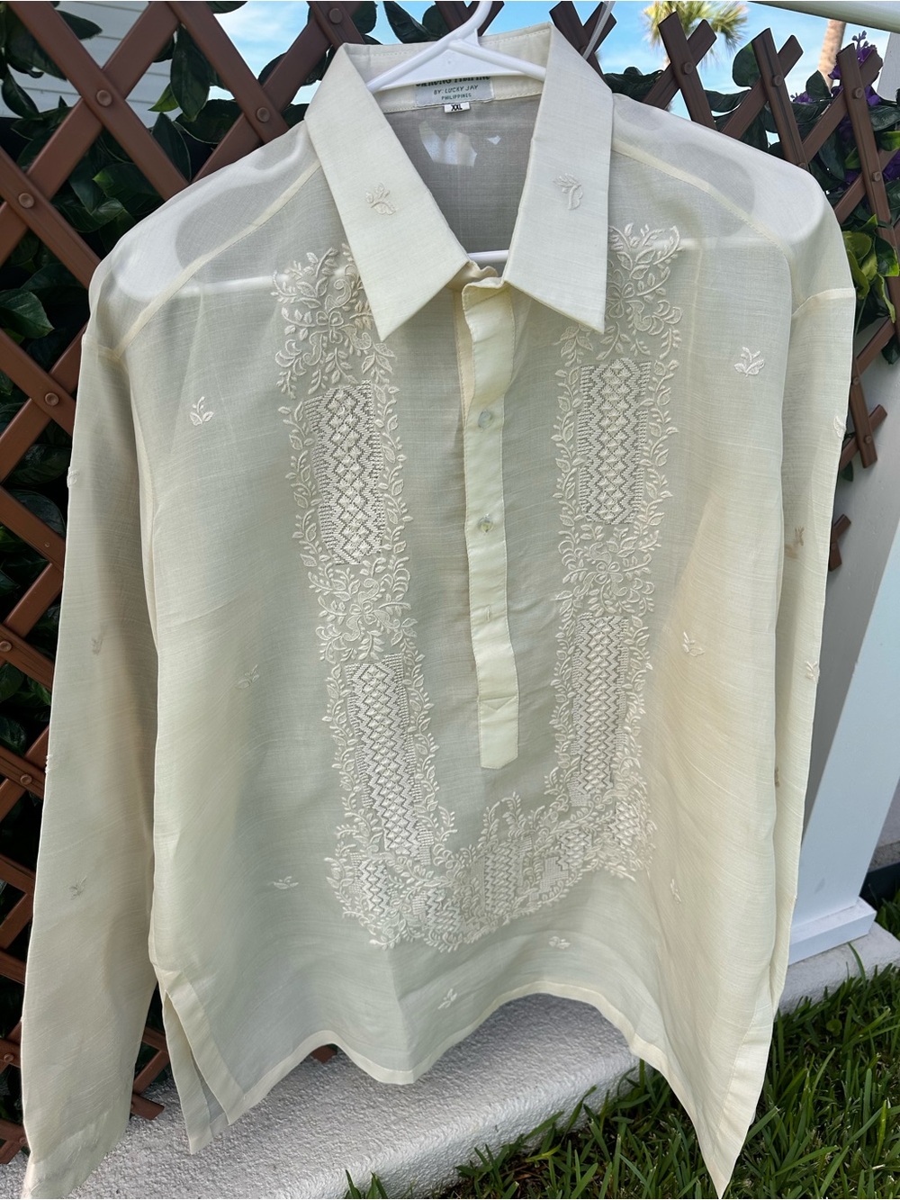 Lucky Jay Men's Cream Embroidered Dress Shirt - Formal Barong Style Size XXL